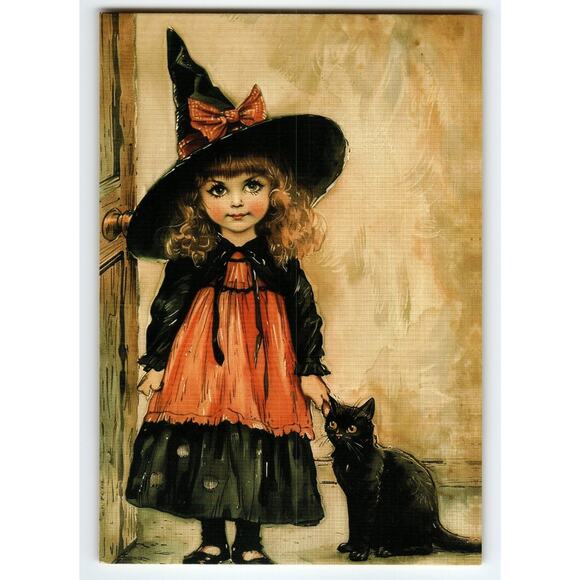 Vintage Halloween Witch Girl with Black Cat Photochrome Postcard - Picture 1 of 2